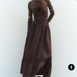 Zara - Brown Maxi Dress with Rosette Detail